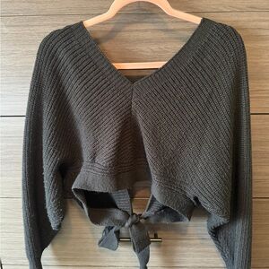 Black Tie-Front V-Neck Cropped Sweater